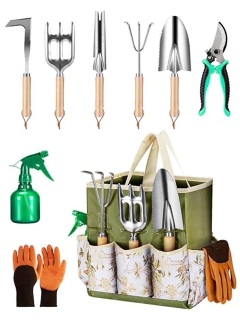 Garden Tool Set Gardening Hand Tools Tote Bag Stainless Steel 9 Pc Wood Handle
